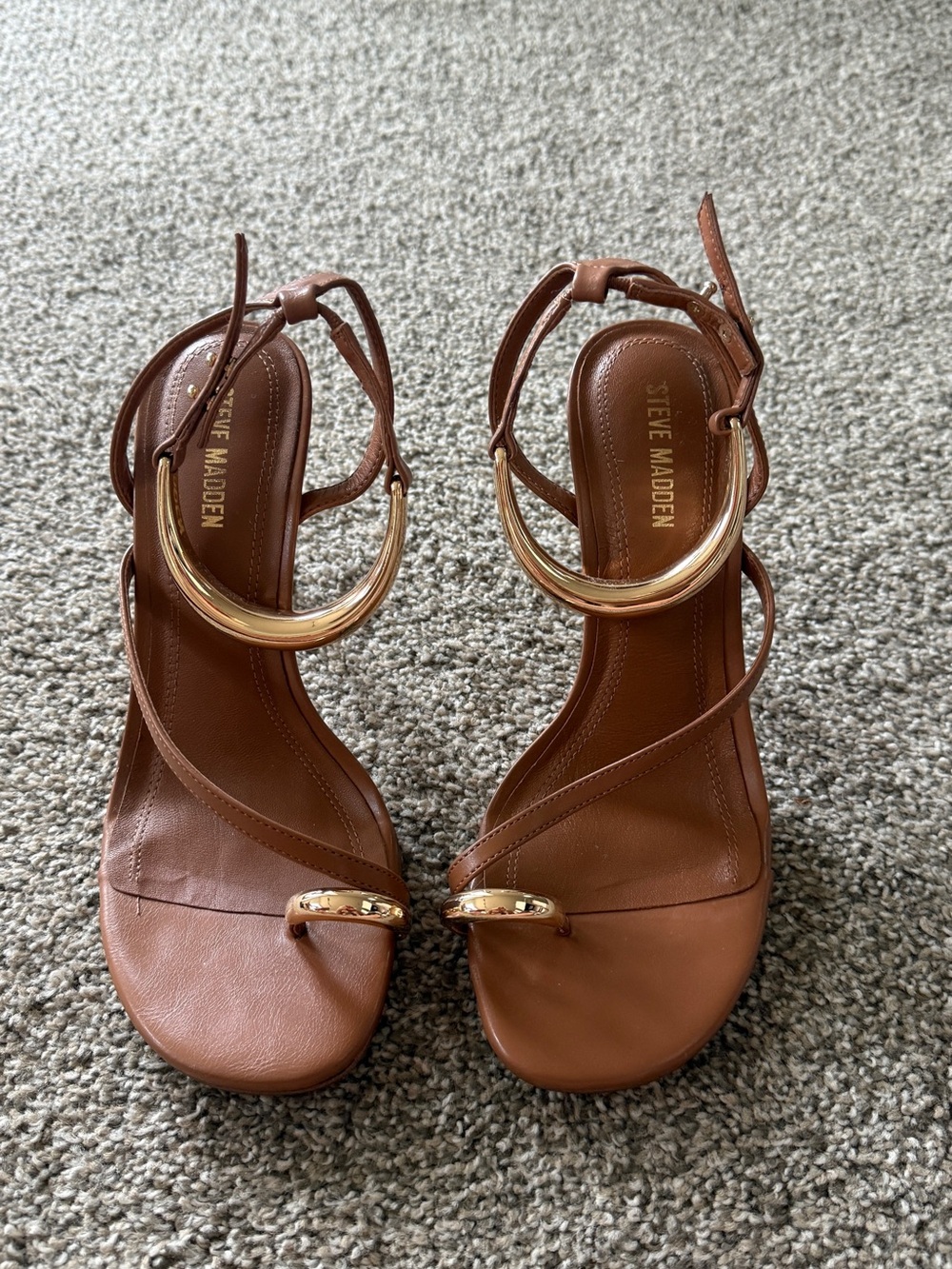Steve Madden Tan Leather Strappy Heels with Gold Hoop Detail